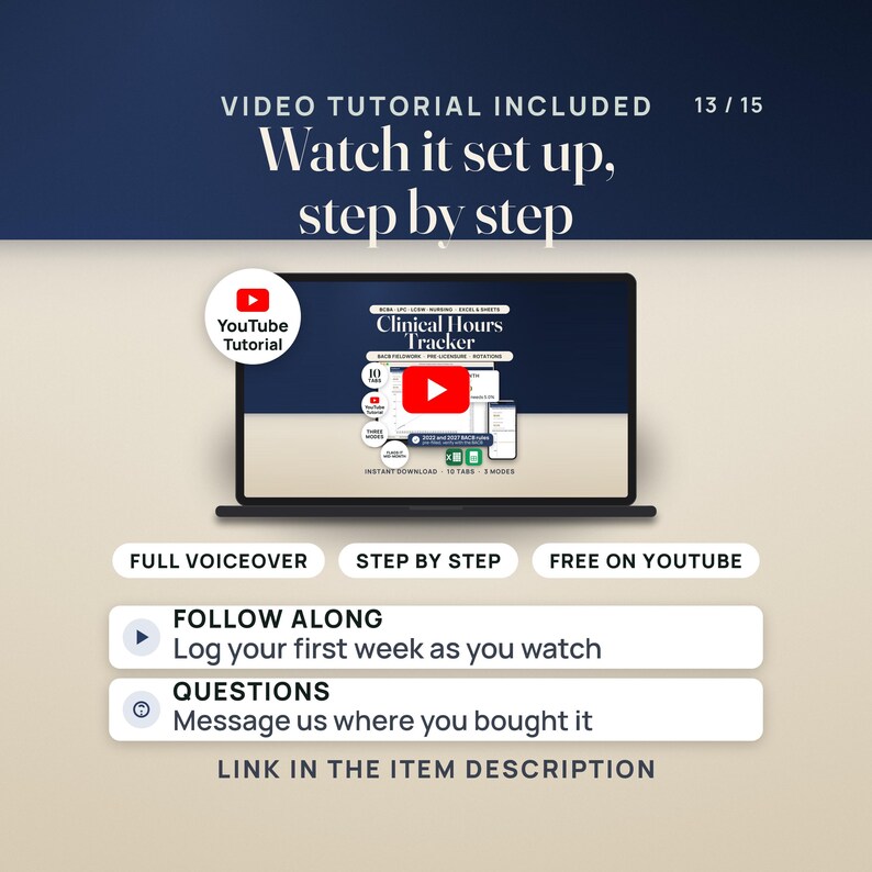 Video tutorial included. A laptop shows the YouTube tutorial, whose thumbnail is this listing's hero image, with a play button. Pills read full voiceover, step by step and free on YouTube. Notes: follow along and log your first week as you watch; for questions, message us where you bought it. Caption: link in the item description.