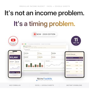 May include: A digital budget planner for Excel and Google Sheets titled Irregular Income Budget 2026 Edition. The interface displays a dashboard with financial data, charts, and a priorities waterfall on mobile and desktop screens with 440 formulas.