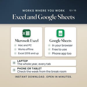 Puede incluir: Un gr&aacute;fico informativo titulado Works Where You Work 12/15 Excel and Google Sheets. Enumera caracter&iacute;sticas para Microsoft Excel incluyendo Mac and PC, works offline, y Excel 2016 and up, y para Google Sheets incluyendo in your browser, free to use, y phone app too.