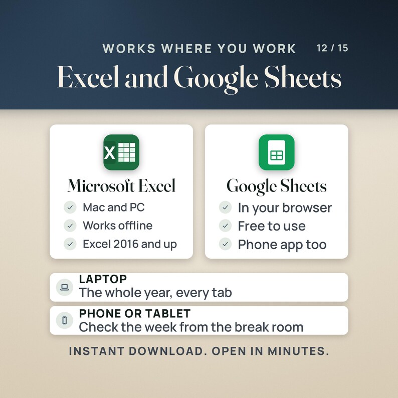 Puede incluir: Un gr&aacute;fico informativo titulado Works Where You Work 12/15 Excel and Google Sheets. Enumera caracter&iacute;sticas para Microsoft Excel incluyendo Mac and PC, works offline, y Excel 2016 and up, y para Google Sheets incluyendo in your browser, free to use, y phone app too.