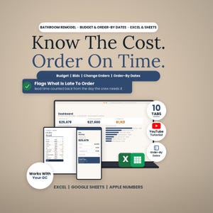 Puede incluir: Una interfaz de panel digital para el seguimiento de presupuestos y pedidos de reformas de ba&ntilde;os. La pantalla muestra datos financieros y cronogramas. El texto incluye Know The Cost. Order On Time., 10 TABS y Works With Your GC.