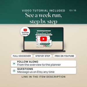 The video tutorial pane: a laptop shows the tutorial thumbnail, the hero image with a play button, and a YouTube tutorial seal. Pills read full voiceover, step by step and free on YouTube. The link is in the item description.