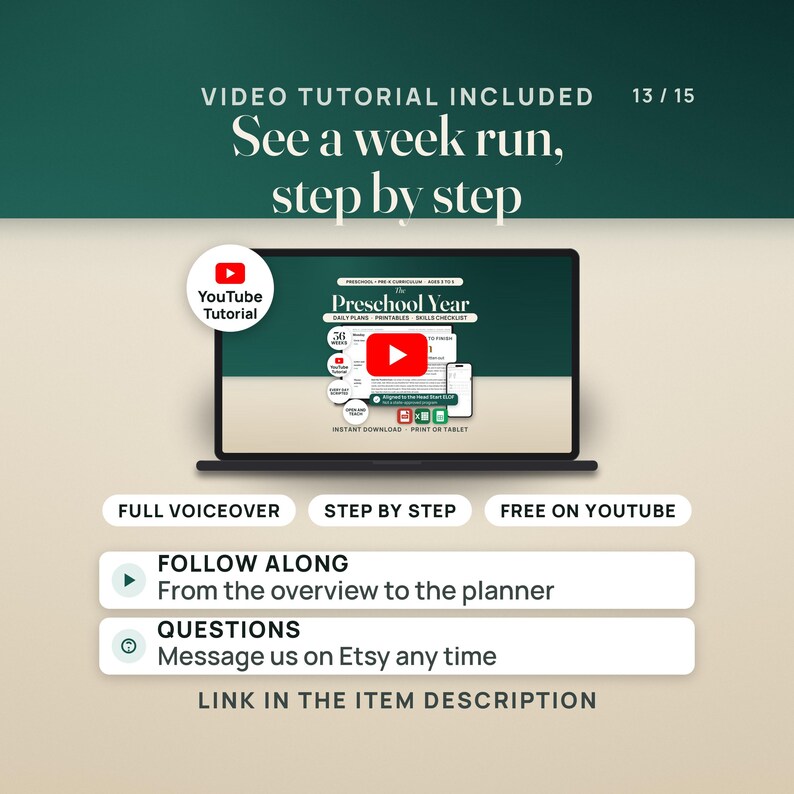 The video tutorial pane: a laptop shows the tutorial thumbnail, the hero image with a play button, and a YouTube tutorial seal. Pills read full voiceover, step by step and free on YouTube. The link is in the item description.