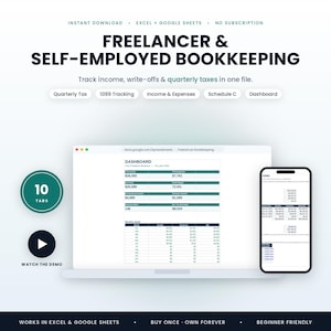 May include: A digital bookkeeping spreadsheet for freelancers and the self-employed, compatible with Excel and Google Sheets. The interface displays a dashboard with income, expenses, and tax tracking, featuring 10 tabs and a demo video link.