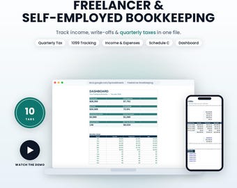 Freelancer Bookkeeping Spreadsheet | Self Employed 1099 Income, Expense and Quarterly Estimated Tax Tracker for Excel and Google Sheets
