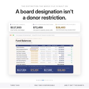 Puede incluir: Una infograf&iacute;a educativa titulada A board designation isn't a donor restriction. Muestra datos financieros que incluyen activos netos totales de $117,933, restricciones de donantes de $72,450 y $28,483 en fondos no designados en una hoja de c&aacute;lculo.