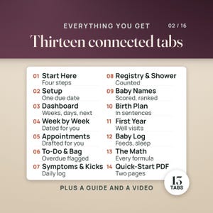 May include: A digital planner overview titled Everything You Get with thirteen connected tabs. The list includes Start Here, Setup, Dashboard, Week by Week, Appointments, To-Do & Bag, Symptoms & Kicks, Registry & Shower, Baby Names, Birth Plan, First Year, Baby Log, The Math, and Quick-Start PDF.
