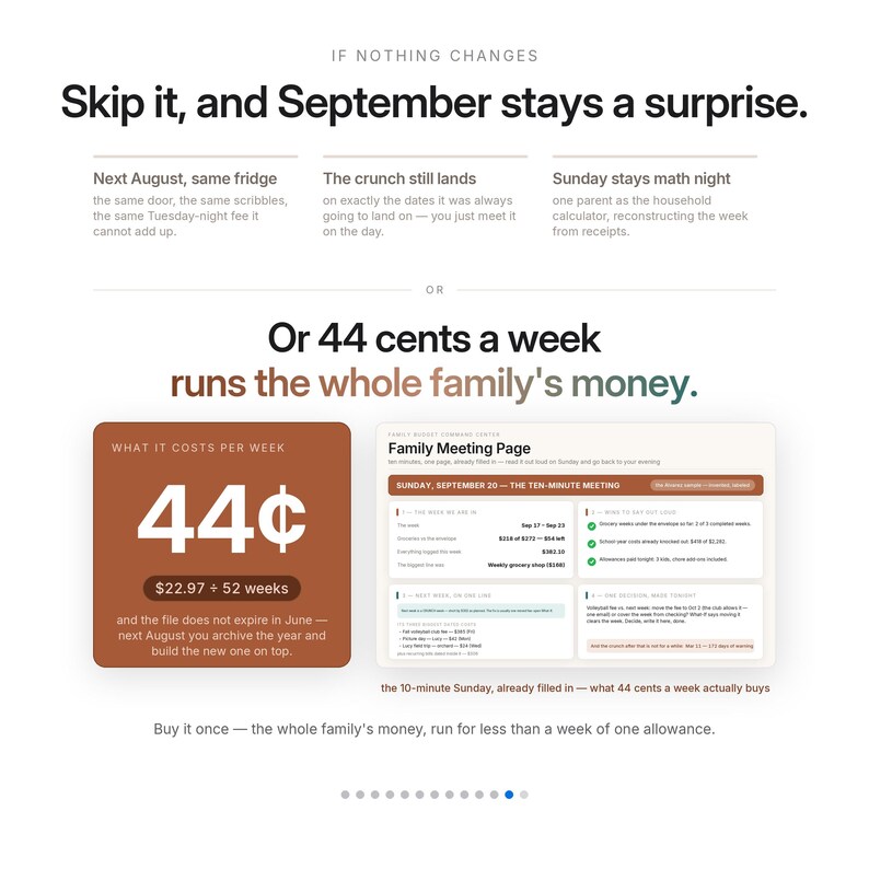 May include: An informational graphic titled If Nothing Changes, Skip it, and September stays a surprise. It details a family budget system costing 44 cents a week, featuring a brown square with the text 44 cents and a Family Meeting Page template.