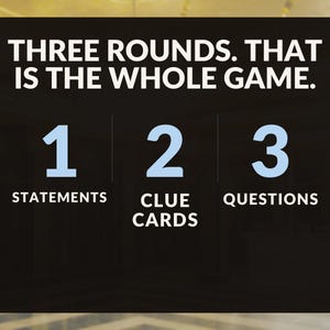 Może przedstawiać: Czarna prostokątna karta do gry z białym napisem THREE ROUNDS. THAT IS THE WHOLE GAME. Poniżej jasnoniebieskie cyfry 1, 2 i 3 znajdują się nad białymi etykietami tekstowymi STATEMENTS, CLUE CARDS i QUESTIONS.
