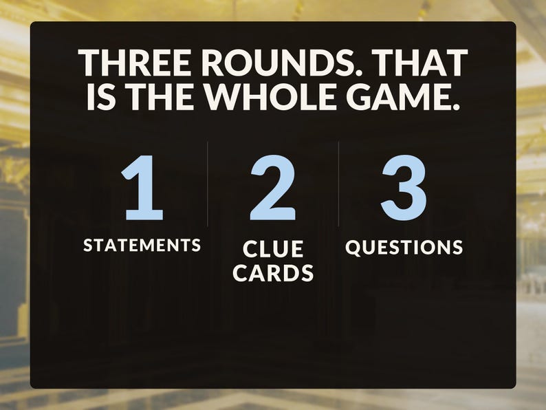 Może przedstawiać: Czarna prostokątna karta do gry z białym napisem THREE ROUNDS. THAT IS THE WHOLE GAME. Poniżej jasnoniebieskie cyfry 1, 2 i 3 znajdują się nad białymi etykietami tekstowymi STATEMENTS, CLUE CARDS i QUESTIONS.
