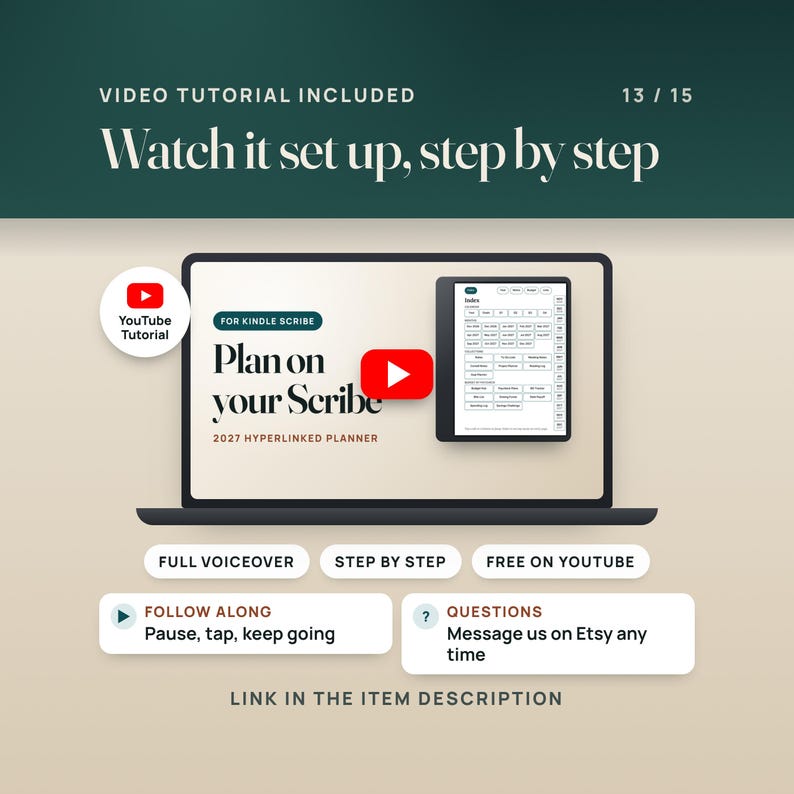 Video tutorial included: a laptop showing the real YouTube thumbnail of the narrated walkthrough, with a play button, the YouTube seal and the pills full voiceover, step by step, free on YouTube. Link in the item description.