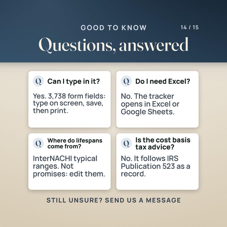 Four questions answered. Can I type in it? Yes, 3,738 form fields. Do I need Excel? No, the tracker opens in Excel or Google Sheets. Where do lifespans come from? InterNACHI typical ranges you can edit. Is the cost basis tax advice? No, it follows IRS Publication 523 as a record.