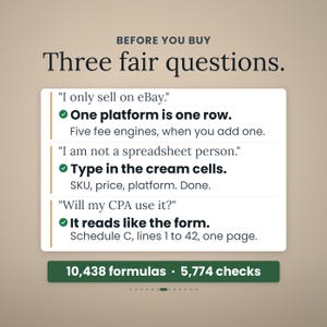 May include: An informational graphic titled BEFORE YOU BUY Three fair questions. It lists three common concerns and answers regarding a spreadsheet tool, including text about eBay, spreadsheet usage, and CPA forms, plus a footer with 10,438 formulas and 5,774 checks.