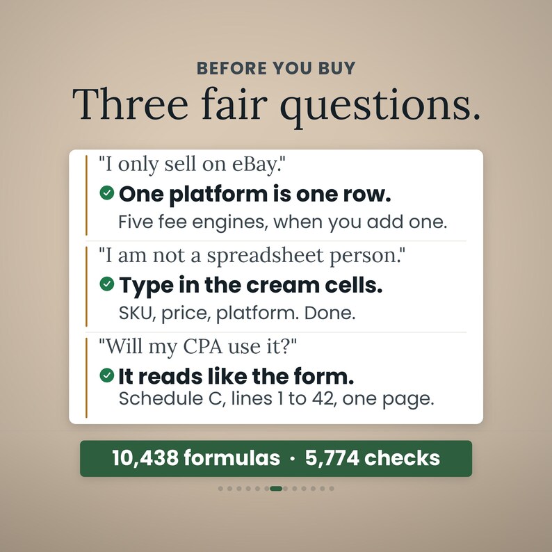 May include: An informational graphic titled BEFORE YOU BUY Three fair questions. It lists three common concerns and answers regarding a spreadsheet tool, including text about eBay, spreadsheet usage, and CPA forms, plus a footer with 10,438 formulas and 5,774 checks.