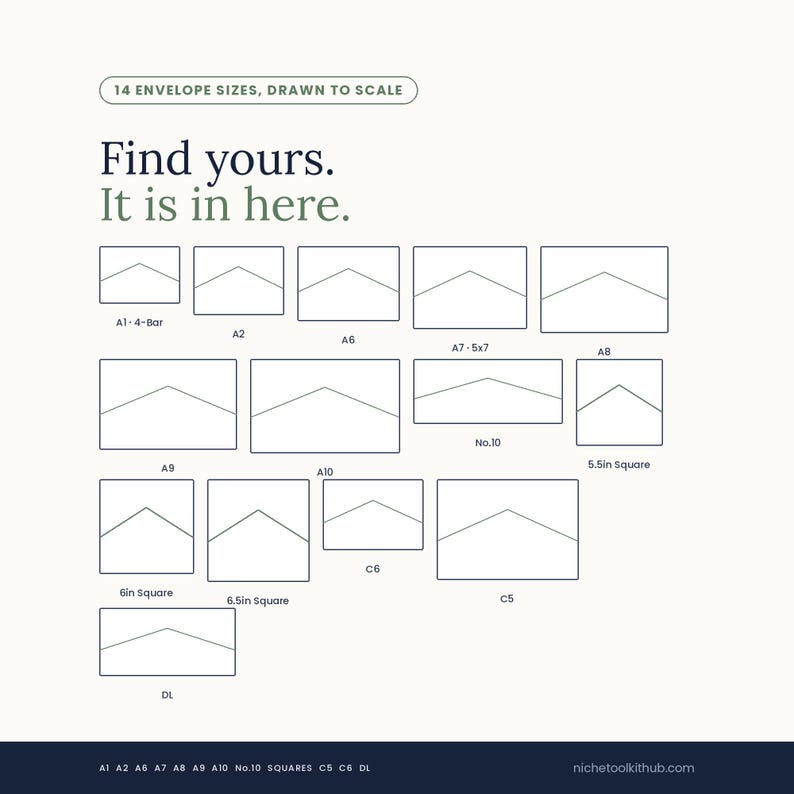 Size chart headed 'Find yours. It is in here.', showing all 14 envelope sizes drawn to scale as outlined liner shapes. Labels read A1 4-Bar, A2, A6, A7 5x7, A8, A9, A10, No.10, 5.5in Square, 6in Square, 6.5in Square, C5, C6 and DL. Footer strip lists the same fourteen sizes.