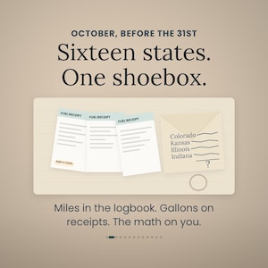 May include: A graphic with the text OCTOBER, BEFORE THE 31ST, Sixteen states. One shoebox. It shows three white fuel receipts and a tan envelope labeled with Colorado, Kansas, Illinois, Indiana, and a question mark. Text reads: Miles in the logbook.