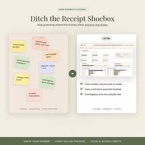 May include: A digital budget and project planner comparison graphic. The left side shows scattered sticky notes with financial questions. The right side displays a clean, organised digital dashboard for tracking expenses, contractor payments, and project budgets.