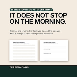 Section fourteen, after Christmas, headlined It does not stop on the morning. The caption covers receipts and returns, the thank you list, and the note you write to next years self while you still remember. Two pages are shown.