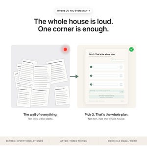 May include: An infographic titled Where do you even start? The whole house is loud. One corner is enough. It shows a messy pile of papers labelled The wall of everything. Ten lists, zero starts. An arrow points to a planner page titled Pick 3. That's the whole plan.