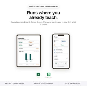 Op de afbeelding: Een digitale interface met de tekst 'Desk, kitchen table, student session? Runs where you already teach. Spreadsheets in Excel & Google Sheets. The app in any browser &mdash; Mac, PC, tablet or phone.' met een tablet en een smartphone.