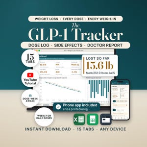 Hero image for The GLP-1 Tracker: a laptop shows the real Dashboard tab with its KPI tiles, a weight chart and weekly change by dose week, and a callout reads lost so far 15.6 lb from 212.0 lb on Jul 5. A phone shows the GLP-1 Quick Log app with the next dose date Sun, Sep 27 and the suggested site. Badges read 15 tabs, YouTube tutorial, dose-week aware and weekly or daily doses, with Excel, Google Sheets and browser tiles.