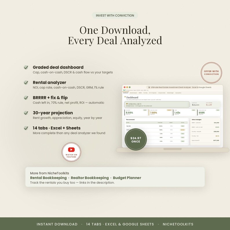 May include: A digital real estate investment analyser for Excel and Google Sheets. The interface displays a graded deal dashboard, rental analyser, BRRRR and fix and flip tools, 30-year projections, and 14 tabs. Text includes Invest with Conviction, One Download, Every Deal Analyzed, and NicheToolkits.