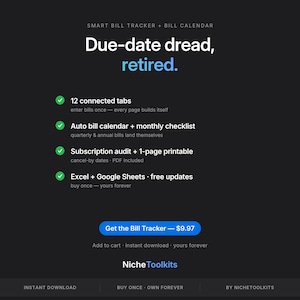 Suivi des factures : calendrier et liste de contrôle des paiements mensuels pour Excel et Google Sheets ; gestion des échéances et des paiements automatiques d’abonnements. image 11
