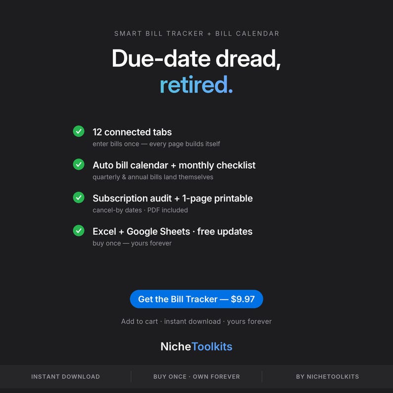Suivi des factures : calendrier et liste de contrôle des paiements mensuels pour Excel et Google Sheets ; gestion des échéances et des paiements automatiques d’abonnements. image 11