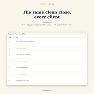 May include: A digital Year-End Close Checklist document featuring the text NICHETOOLKITHUB, The same clean close, every client, and A 16-step year-end close so nothing slips &mdash; with a completion tracker. The table lists accounting tasks with checkboxes.