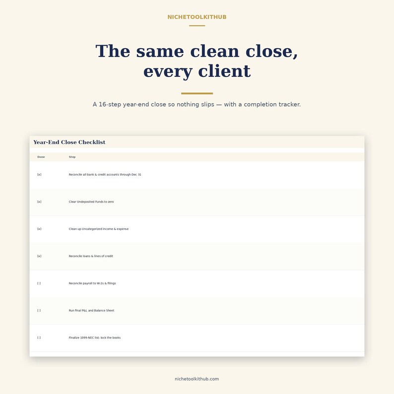 May include: A digital Year-End Close Checklist document featuring the text NICHETOOLKITHUB, The same clean close, every client, and A 16-step year-end close so nothing slips &mdash; with a completion tracker. The table lists accounting tasks with checkboxes.