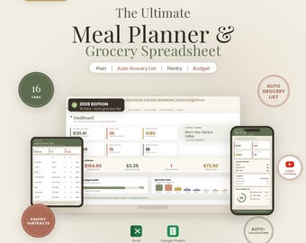 Foglio di calcolo per la pianificazione dei pasti con lista della spesa automatica / Excel e Fogli Google / Piano pasti settimanale, organizzatore di ricette, budget alimentare
