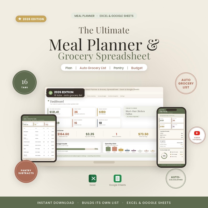 May include: A digital meal planner and grocery spreadsheet for Excel and Google Sheets, 2026 edition. The interface displays a dashboard with budget tracking, pantry lists, and auto-calculating features on a laptop, tablet, and smartphone screen.