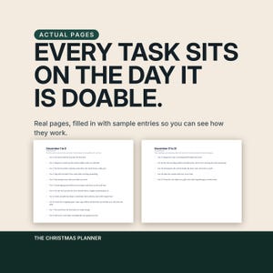A frame labelled actual pages and headlined Every task sits on the day it is doable. Two real pages of the planner are shown filled in with sample entries so you can see how they work before you buy.