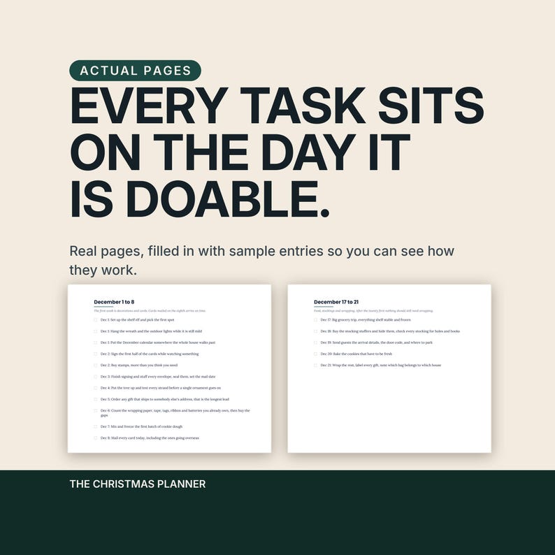A frame labelled actual pages and headlined Every task sits on the day it is doable. Two real pages of the planner are shown filled in with sample entries so you can see how they work before you buy.