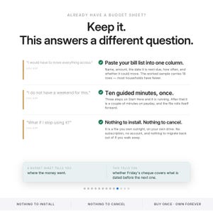Może przedstawiać: Cyfrowa infografika zatytułowana Keep it. This answers a different question. Zawiera trzy obawy użytkownik&oacute;w wraz z rozwiązaniami: Paste your bill list into one column, Ten guided minutes, once oraz Nothing to install. Nothing to cancel.