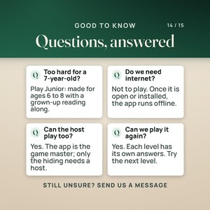 Questions answered: Junior suits a 7-year-old with a grown-up reading along, no internet is needed to play, the host can play too, and each level has its own answers, so you can play again at the next level.