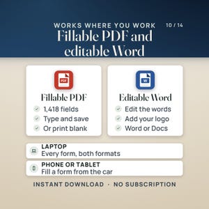 May include: An informational graphic titled Works Where You Work 10/14, detailing Fillable PDF and editable Word features. It lists 1,418 fields, type and save, or print blank options, plus editing, logo addition, and Word or Docs compatibility for laptops, phones, or tablets.
