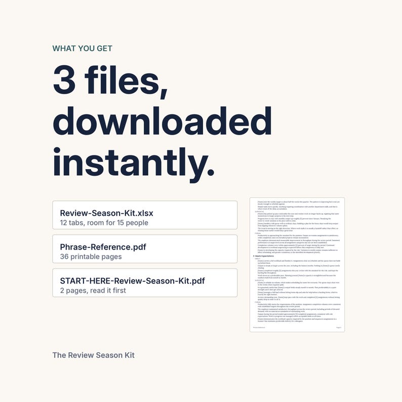 A summary of the download, headlined 3 files, downloaded instantly. It lists Review-Season-Kit.xlsx with 12 tabs, Phrase-Reference.pdf at 36 printable pages, and START-HERE-Review-Season-Kit.pdf at 2 pages, with a page of the phrase reference shown alongside.