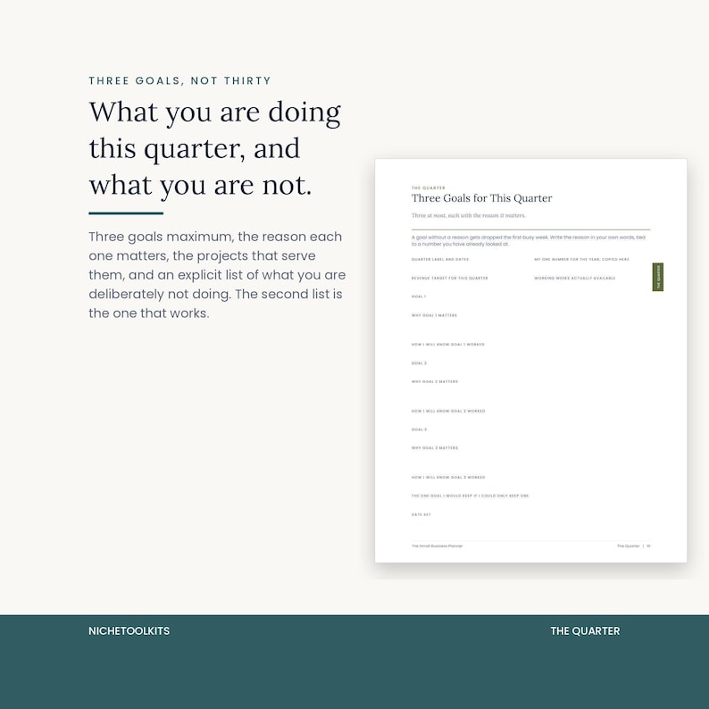 The Three Goals for This Quarter page. Three at most, each with the reason it matters, how you will know it worked, and the one goal you would keep if you could only keep one.