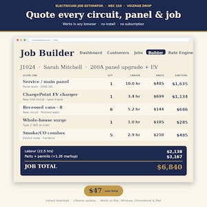 Könnte beinhalten: Eine digitale Schnittstelle zur Kostenschätzung für Elektriker mit einem Job-Builder-Dashboard. Der Bildschirm zeigt Positionen für ein 200A-Schaltschrank-Upgrade und ein EV-Ladegerät, inklusive Menge, Arbeitsstunden, Teilekosten und Zwischensumme, mit einer Gesamtsumme von 6.840 $.
