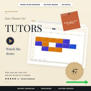 May include: A digital rate planner for tutors featuring a weekly schedule interface with orange and blue blocks. Text includes Rate Planner for TUTORS, Know your rate in 30 sec, 47 RATES, and Watch the demo. The design includes a five-star rating.