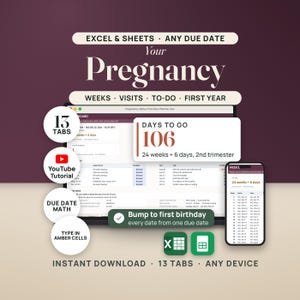 May include: A digital pregnancy planner for Excel and Google Sheets featuring 13 tabs, a YouTube tutorial, and automated due date math. The interface displays a dashboard with 106 days to go, a weekly tracker, and a mobile view for any device.
