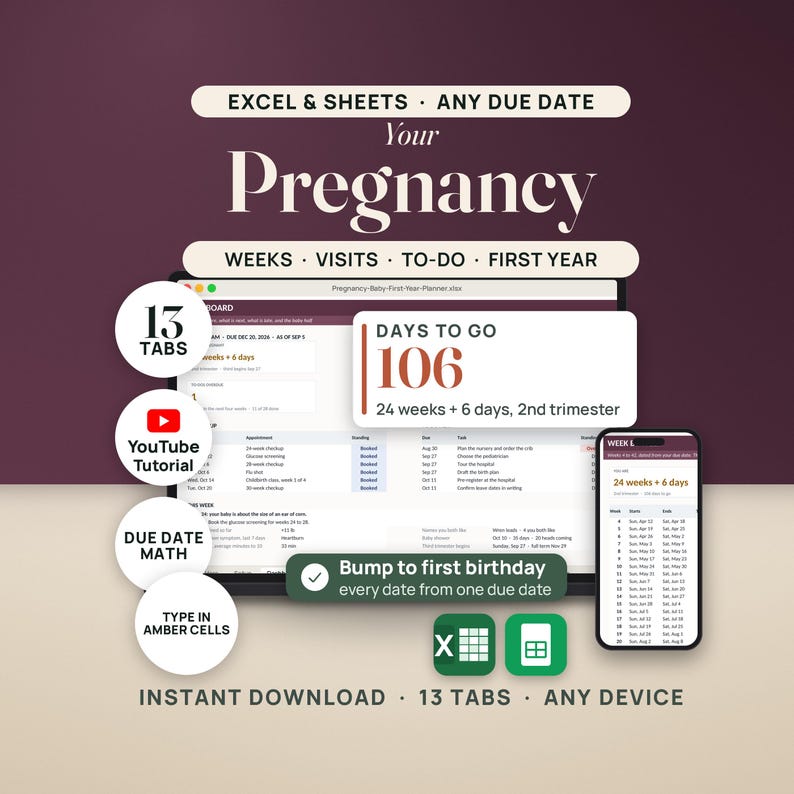 May include: A digital pregnancy planner for Excel and Google Sheets featuring 13 tabs, a YouTube tutorial, and automated due date math. The interface displays a dashboard with 106 days to go, a weekly tracker, and a mobile view for any device.