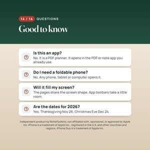 K&ouml;nnte beinhalten: Eine digitale Infografik mit dunkelgr&uuml;ner Kopfzeile mit der Aufschrift 14 / 14 QUESTIONS Good to know. Darunter befinden sich vier wei&szlig;e rechteckige K&auml;sten mit Fragezeichen-Symbolen zur PDF-Planer-Kompatibilit&auml;t, Ger&auml;tenutzung, Bildschirmgr&ouml;&szlig;e und 2026-Daten.