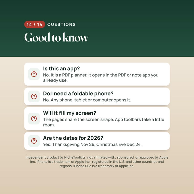 K&ouml;nnte beinhalten: Eine digitale Infografik mit dunkelgr&uuml;ner Kopfzeile mit der Aufschrift 14 / 14 QUESTIONS Good to know. Darunter befinden sich vier wei&szlig;e rechteckige K&auml;sten mit Fragezeichen-Symbolen zur PDF-Planer-Kompatibilit&auml;t, Ger&auml;tenutzung, Bildschirmgr&ouml;&szlig;e und 2026-Daten.