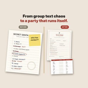 May include: A comparison graphic showing a disorganised Secret Santa list on the left with a yellow sticky note reading who has Jordan?? and a structured Secret Santa gift questionnaire and organised assignment table on the right.