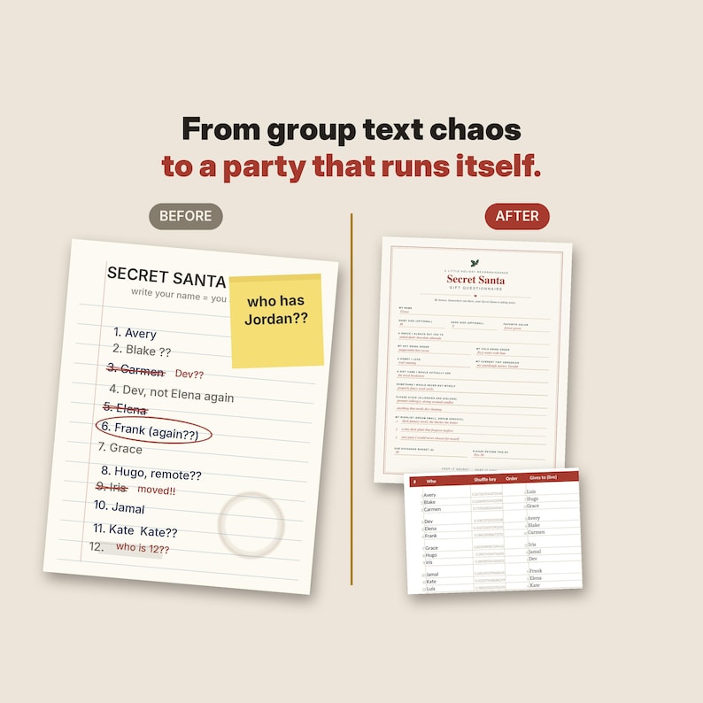 May include: A comparison graphic showing a disorganised Secret Santa list on the left with a yellow sticky note reading who has Jordan?? and a structured Secret Santa gift questionnaire and organised assignment table on the right.