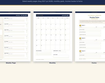 Puede incluir: Un planificador digital para tutores 2027-2028 titulado Your whole tutoring year, planned. Muestra tres diseños de página: un horario semanal del 02 al 08 de agosto de 2027, un calendario mensual de agosto de 2027 y un formulario de notas de sesión.