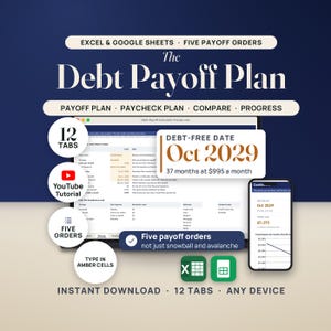 Debt Payoff Tracker Spreadsheet | Debt Snowball, Avalanche, Mortgage Payoff Calculator, Paycheck Plan, Debt Free Date | Excel Google Sheets Bild 1