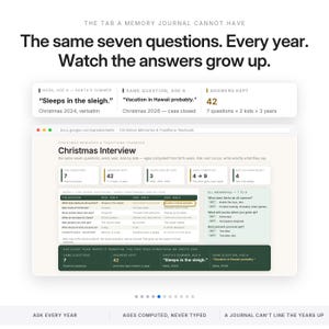 Puede incluir: Una interfaz de diario de recuerdos navide&ntilde;os digital con el texto: The same seven questions. Every year. Watch the answers grow up. Muestra un dise&ntilde;o de hoja de c&aacute;lculo titulado Christmas Interview con columnas para a&ntilde;os, edades y respuestas.